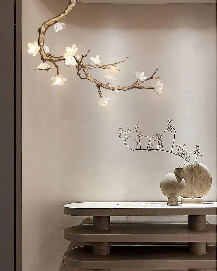 Magnolia Branch & Brass Floral Chandelier