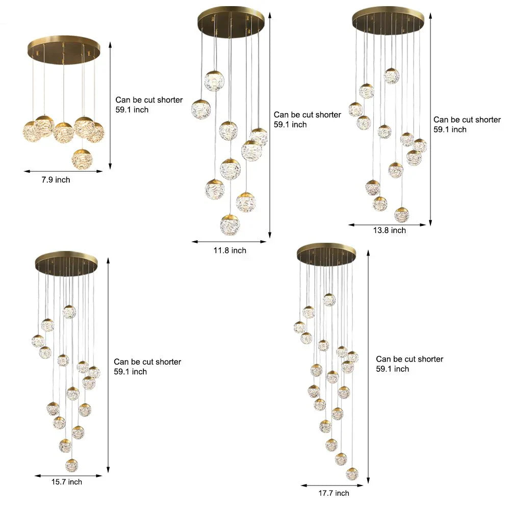 Spiral Pineapple Multi Glass Ball Staircase Chandelier