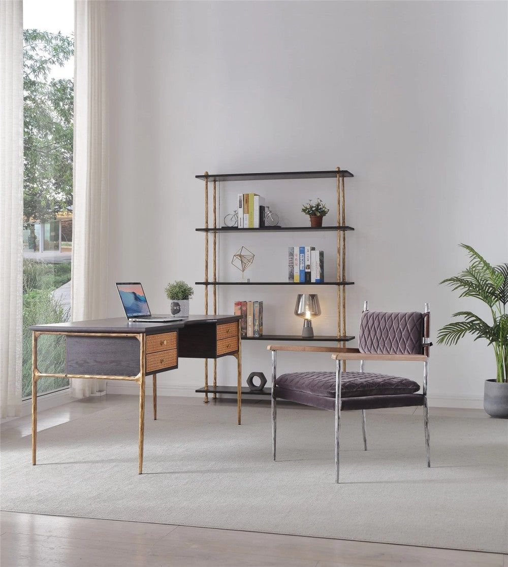 Thades Retro Brass Iron Frame Rattan Desk