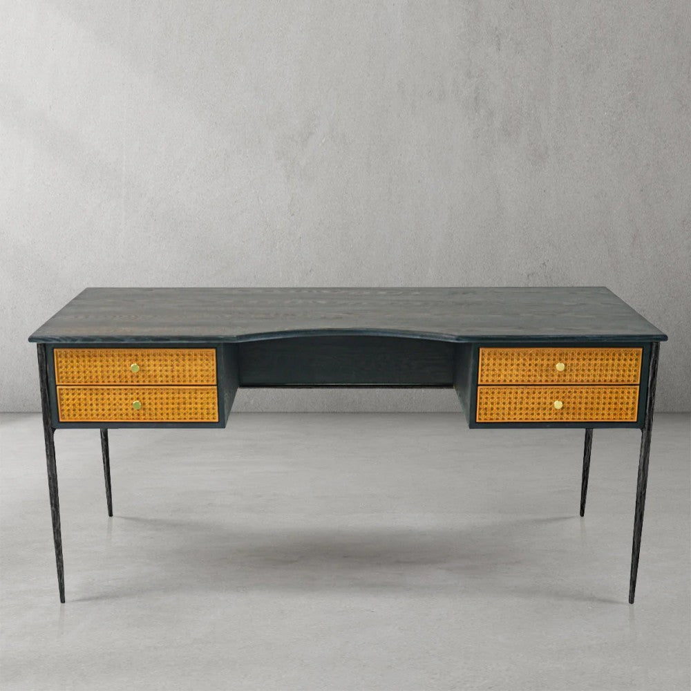 Thades Retro Brass Iron Frame Rattan Desk